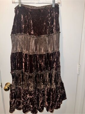 Tiered Velvet and Silk Maxi Skirt in chocolate Brown